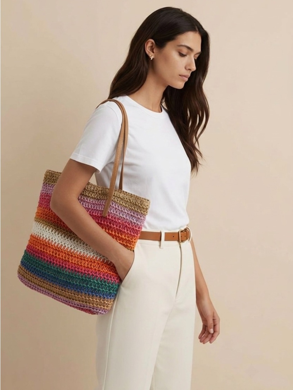 Multi-Color Crochet Tote Bag with Tan Straps
